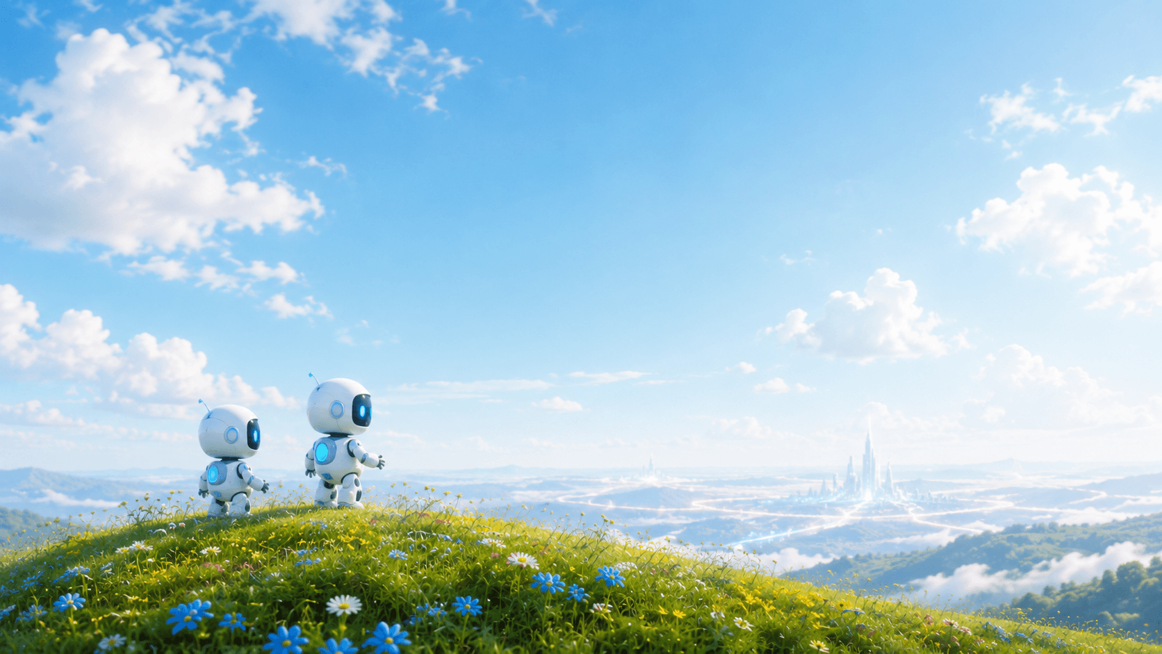 Two AI assistants walking across a sunlit hillside at dawn.