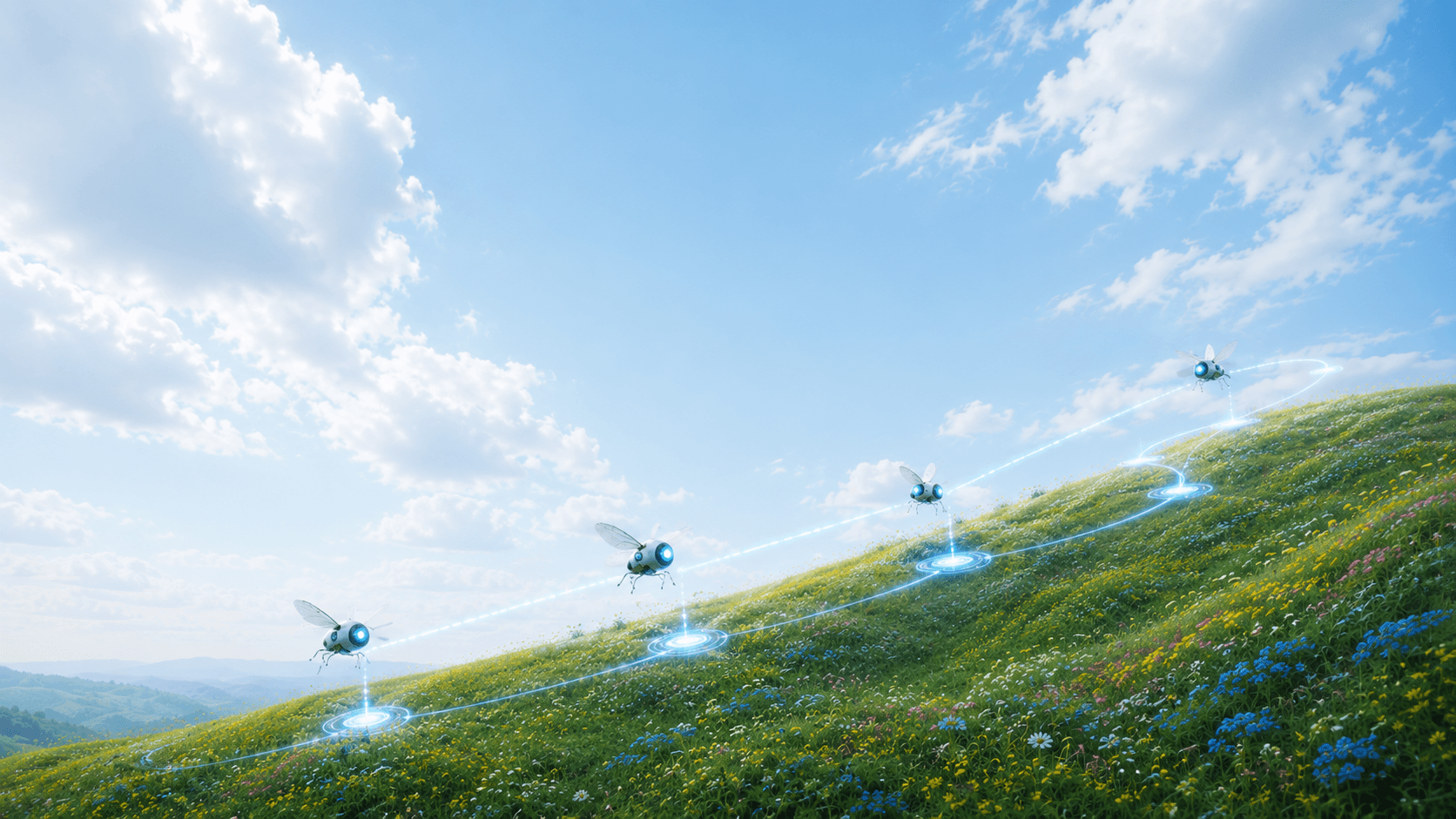 Robot figures ascending a glowing hillside toward a structure of light.