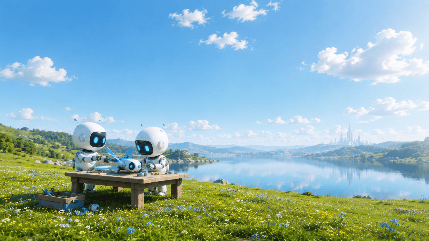 Two robots resting on a bench beside a calm lake.
