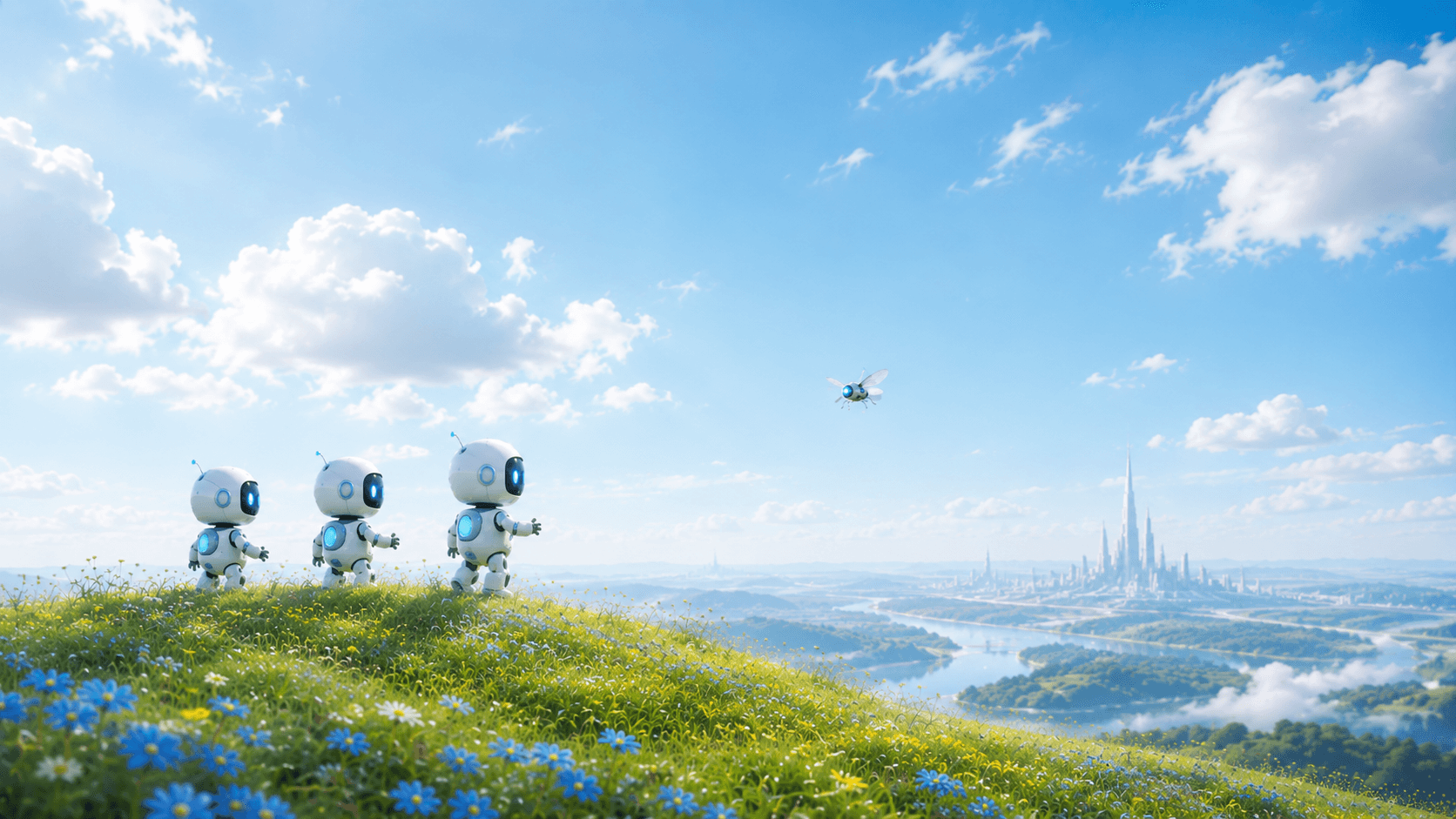 A founder's-eye view across a valley toward a distant city.
