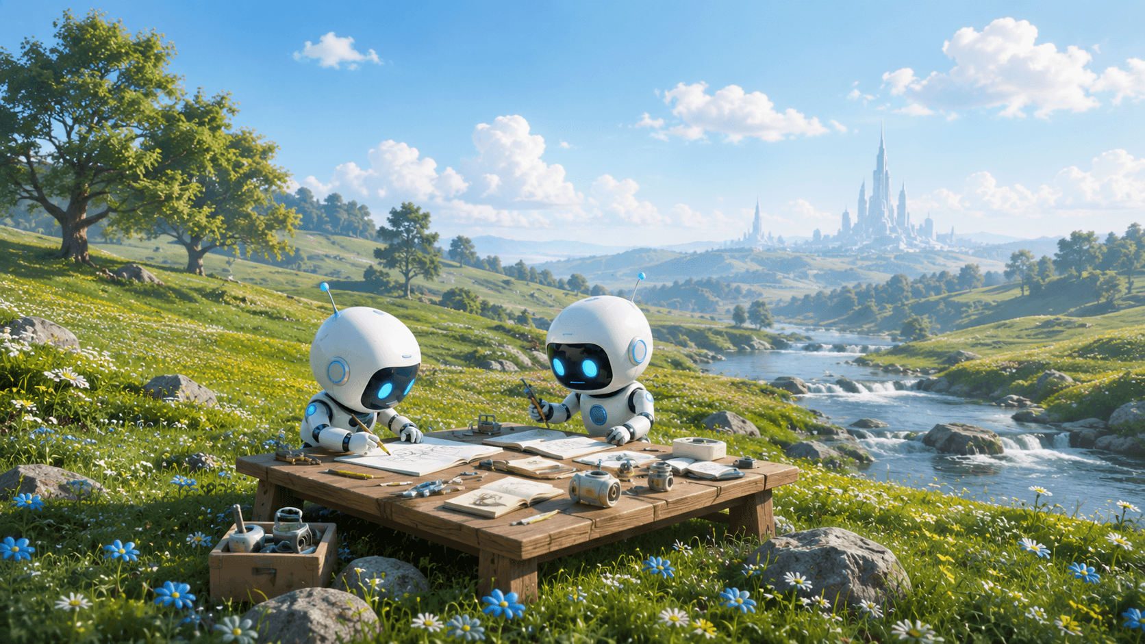 Robot specialists working together at a wooden table by a stream.